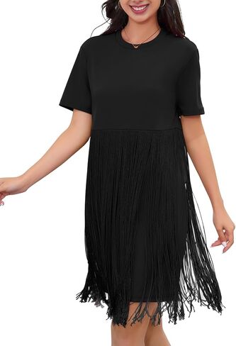 KOJOOIN Women's Tassel Dress Casual Summer Dress Short Sleeve Fringe Hem Dresses Party Concert Outfits for Women in Saudi Arabia