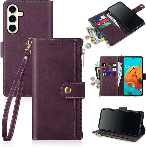 Antsturdy Samsung Galaxy S24+ Plus حافظة محفظة مع حامل بطاقة للنساء والرجال، Galaxy S24 Plus حافظة هاتف RFID بلوك من جلد البولي يوريثان غطاء مقاوم للصدمات مع حزام بسحاب وفتحات لبطاقات الائتمان، أحمر خمري in Kuwait