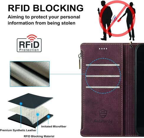 Antsturdy Samsung Galaxy S24+ Plus حافظة محفظة مع حامل بطاقة للنساء والرجال، Galaxy S24 Plus حافظة هاتف RFID بلوك من جلد البولي يوريثان غطاء مقاوم للصدمات مع حزام بسحاب وفتحات لبطاقات الائتمان، أحمر خمري in Kuwait