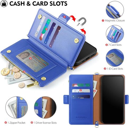 Antsturdy Samsung Galaxy S24+ Plus حافظة محفظة مع حامل بطاقة للنساء والرجال، Galaxy S24 Plus حافظة هاتف RFID بلوك من جلد البولي يوريثان غطاء مقاوم للصدمات مع حزام بسحاب وفتحات لبطاقات الائتمان، أحمر خمري in Kuwait