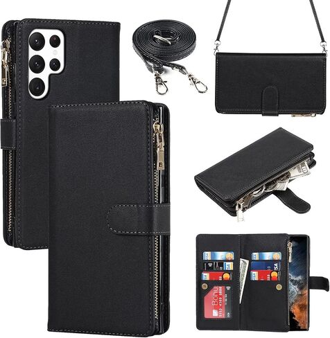 iCoverCase for Samsung Galaxy S22 Ultra Wallet Case with Card Holder, Kickstand Feature PU Leather Case with Adjustable Crossbody Lanyard Magnetic Clasp Zipper Pocket Flip Cover (Black) in Saudi Arabia