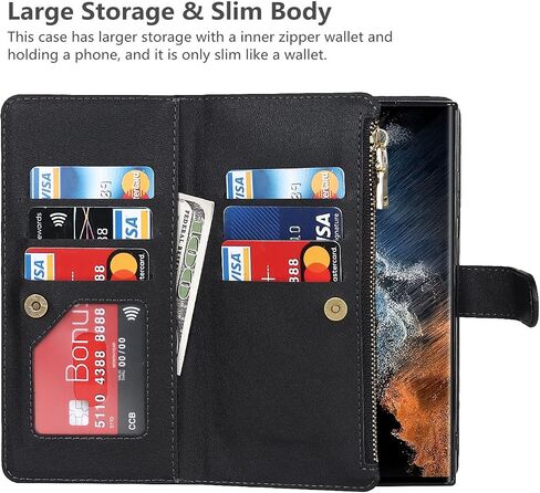 iCoverCase for Samsung Galaxy S22 Ultra Wallet Case with Card Holder, Kickstand Feature PU Leather Case with Adjustable Crossbody Lanyard Magnetic Clasp Zipper Pocket Flip Cover (Black) in Saudi Arabia