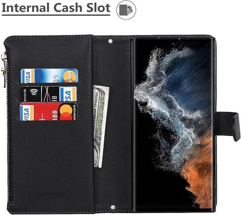 iCoverCase for Samsung Galaxy S22 Ultra Wallet Case with Card Holder, Kickstand Feature PU Leather Case with Adjustable Crossbody Lanyard Magnetic Clasp Zipper Pocket Flip Cover (Black) in Saudi Arabia