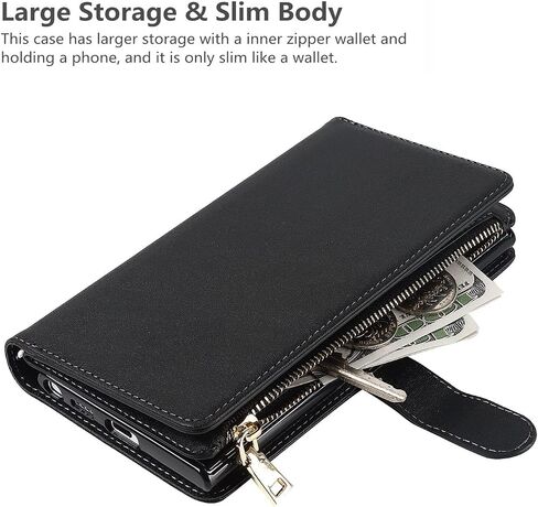 iCoverCase for Samsung Galaxy S22 Ultra Wallet Case with Card Holder, Kickstand Feature PU Leather Case with Adjustable Crossbody Lanyard Magnetic Clasp Zipper Pocket Flip Cover (Black) in Saudi Arabia