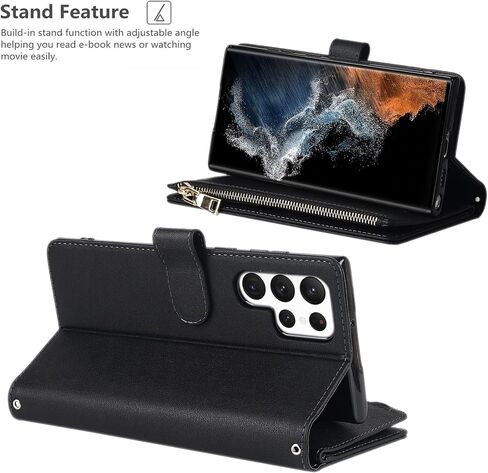 iCoverCase for Samsung Galaxy S22 Ultra Wallet Case with Card Holder, Kickstand Feature PU Leather Case with Adjustable Crossbody Lanyard Magnetic Clasp Zipper Pocket Flip Cover (Black) in Saudi Arabia