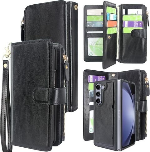 Harryshell Detachable Magnetic Case Wallet with Cash Coin Zipper Pocket 12 Card Slots Holder Wrist Strap Lanyard for Samsung Galaxy Z Fold 5 5G Z Fold5 (2023) (Flower Purple) in Saudi Arabia