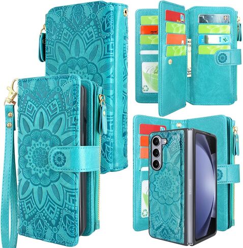 Harryshell Detachable Magnetic Case Wallet with Cash Coin Zipper Pocket 12 Card Slots Holder Wrist Strap Lanyard for Samsung Galaxy Z Fold 5 5G Z Fold5 (2023) (Flower Purple) in Saudi Arabia