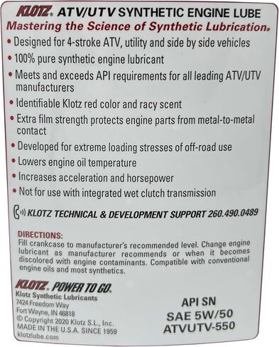 زيت تشحيم المحرك الاصطناعي Klotz ATV UTV 5W-50 لموديلات Polaris 4-Stroke 2012 والأحدث مع ناقل حركة منفصل. تحسين الأكسدة والمنظفات والحماية من التآكل زيت كلوتز ATVUTV-050 in Kuwait