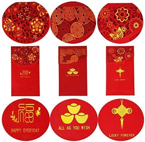 مظاريف حمراء للعام الصيني الجديد بجيوب أموال محظوظة HongBao لمهرجان الربيع، السنة الجديدة، عيد الميلاد، الزفاف، مناسبة العمل (18 قطعة/المجموعة) in Kuwait