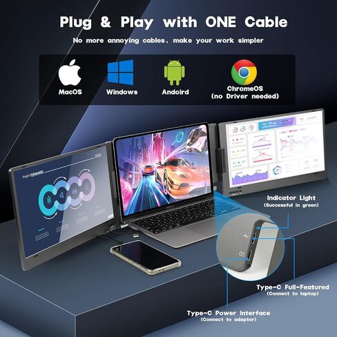 Laptop Screen Extender 14" FHD 1080P IPS Triple Portable Monitor for Laptop 13-15.6" with Build-in Stand/USB-A/USB-C Plug and Play Laptop Monitor Extender for Windows/Mac/Chrome/Surface/Switch/PS5 in Saudi Arabia