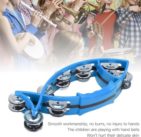 Fish Shaped Hand Bell Hand Tambourine Bells Hand Shaking Percussion Musical Rhythm Instruments Smooth Fish Shaped Double Row Tambourines(Blue) in Saudi Arabia