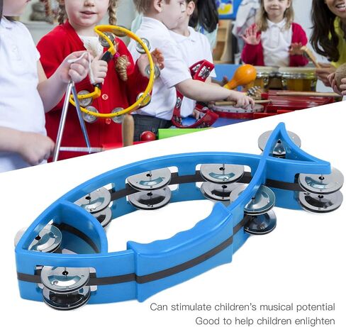 Fish Shaped Hand Bell Hand Tambourine Bells Hand Shaking Percussion Musical Rhythm Instruments Smooth Fish Shaped Double Row Tambourines(Blue) in Saudi Arabia