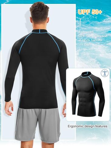 Rash Guard للرجال، قمصان سباحة رجالية Rash Guard بأكمام طويلة - عامل حماية من أشعة الشمس فوق البنفسجية 50+ حماية من أشعة الشمس فوق البنفسجية سريعة الجفاف للرياضات المائية in Kuwait