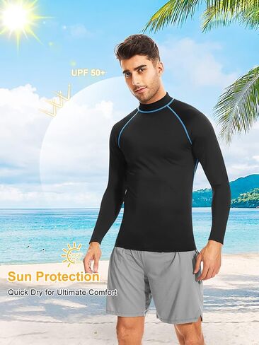 Rash Guard للرجال، قمصان سباحة رجالية Rash Guard بأكمام طويلة - عامل حماية من أشعة الشمس فوق البنفسجية 50+ حماية من أشعة الشمس فوق البنفسجية سريعة الجفاف للرياضات المائية in Kuwait
