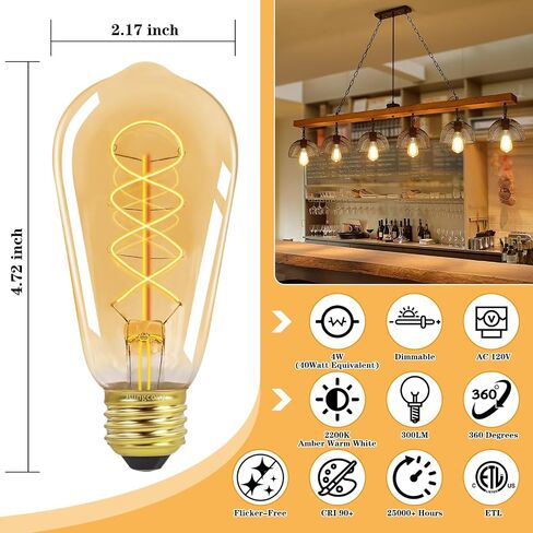 عكس الضوء أدى مصابيح اديسون خمر 4W ما يعادل 40W المتوهجة، 4 حزمة ST19 4W LED E26 لمبات اديسون 2200K، ST58 العتيقة دوامة LED خيوط المصابيح الزخرفية لتركيبات الإضاءة قلادة، CRI 90، 300LM in Kuwait
