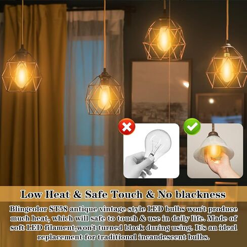 عكس الضوء أدى مصابيح اديسون خمر 4W ما يعادل 40W المتوهجة، 4 حزمة ST19 4W LED E26 لمبات اديسون 2200K، ST58 العتيقة دوامة LED خيوط المصابيح الزخرفية لتركيبات الإضاءة قلادة، CRI 90، 300LM in Kuwait