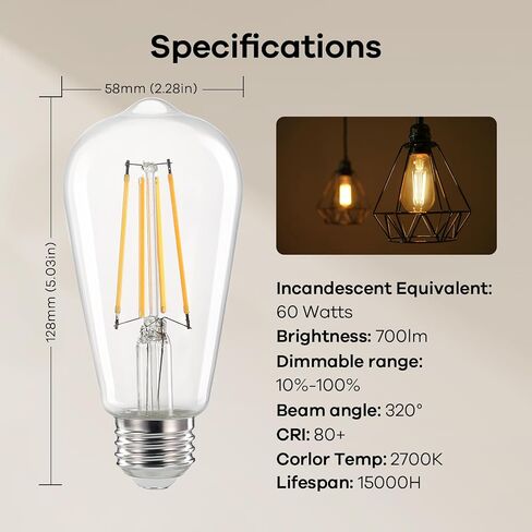 Linkind Edison Light Bulbs 60W Equivalent, E26 Dimmable Vintage Edison LED Light Bulbs ST58 Antique Decorative Filament LED Bulb, 6W 700LM, 2700K Soft White 80+ CRI Clear Glass Light Bulbs, 6 Packs in Saudi Arabia