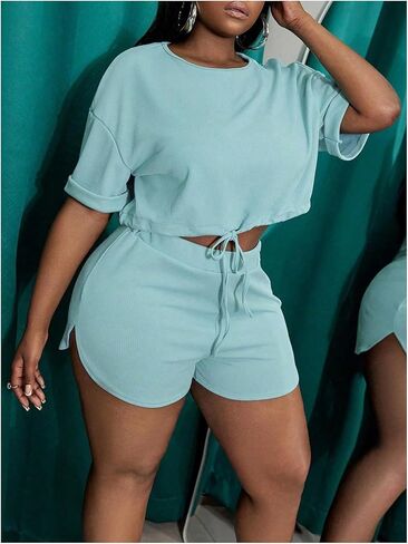 SOLY HUX Women's Plus Size 2 Piece Outfits Drawstring Short Sleeve T Shirt and Shorts Set in Saudi Arabia
