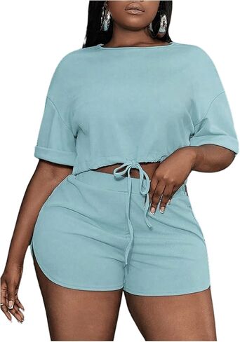 SOLY HUX Women's Plus Size 2 Piece Outfits Drawstring Short Sleeve T Shirt and Shorts Set in Saudi Arabia
