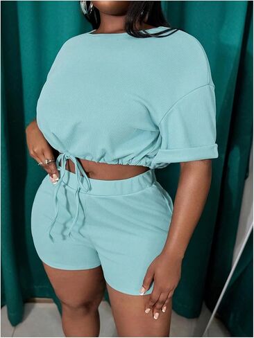 SOLY HUX Women's Plus Size 2 Piece Outfits Drawstring Short Sleeve T Shirt and Shorts Set in Saudi Arabia