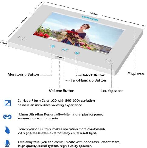 7" LCD Monitor Wired Video Intercom Doorbell System, Video Door Phone Kits with 1200TVL Camera Night Vision Support Monitoring, Unlock, Dual-Way Door Intercom for Villa Home Security Systems in Saudi Arabia