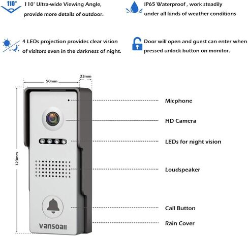 7" LCD Monitor Wired Video Intercom Doorbell System, Video Door Phone Kits with 1200TVL Camera Night Vision Support Monitoring, Unlock, Dual-Way Door Intercom for Villa Home Security Systems in Saudi Arabia