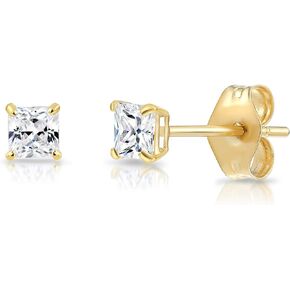 14k Yellow Gold Princess-Cut Square Cubic Zirconia CZ Stud Earrings with Gold Butterfly Pushbacks