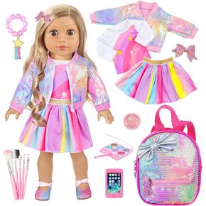 UNICORN ELEMENT American 18 Inch Doll Makeup Accessories and Clothes,Sequin Backpack Set for 18" Dolls Include Skirt Bracelet Hair Clip Phone and Makeup Sets（No Doll and Shoes