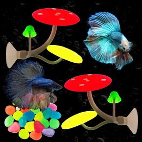 2Pcs Betta Fish Mushroom Hammock with 30 Luminous Stone Soft Silicone Aquarium Rest Bed with Suction Cup Colorful Lifelike Mushroom Tank Decor Fish Breeding Playing Pad for Aquarium Fish Tank(Blue)