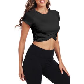 Sanutch Cropped Cross Front Athletic Gym Exercise Shirts Short Sleeve Gym Crop Top Fitted Breathable Workout Tops for Women
