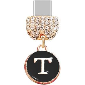 ELISE & FONDA TP66 Type-C USB Charging Port Crystal Anti Dust Plug Tiny letter T Cell Phone Charm for Samsung/Huawei/OnePlus/Xiaomi/oppo New Android Phones(Black)