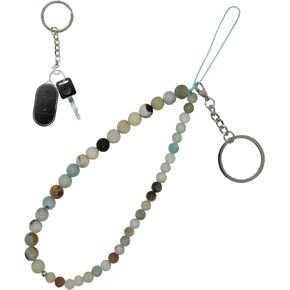 Beaded Phone Charm, Natural Gemstone Cell Phone Lanyard Wrist Strap Handmade Chain Keychain (Light Cyan)