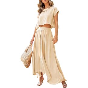 Dokotoo Dresses for Women 2 Piece Summer Outfits Crewneck Tops and Maxi Skirt Dress Sets