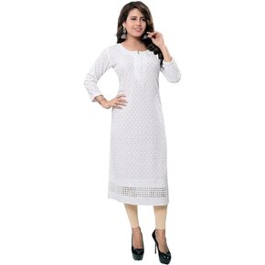 DREAM & DZIRE Women's Cotton Chickankari Straight Kurti in Round Neck for All Plus Size & Small Size.