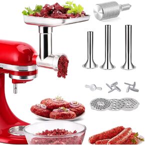 Stainless Steel Food Grinder Accessories for KitchenAid Mixers, Dishwasher Safe, Included 3 Sausage Stuffer Tubes and 1 Metal Attachment Knob Screw Replacement