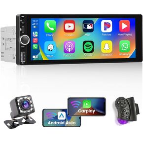 6.86 Inch Wireless Carplay Car Stereo Single Din Touchscreen Car Radio with Bluetooth 5.0 Android Auto Mirror Link Type-C Car Audio Receiver with USB GPS AUX EQ