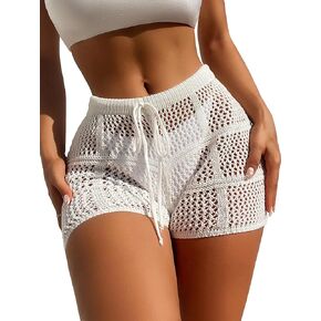 SHENHE Women's Crochet Cover Up Shorts Hollow Out Tie Front Sheer Beach Shorts Coverups