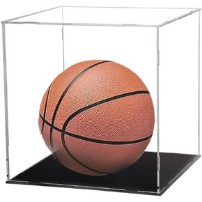 Basketball Display Case, Clear Acrylic Glass Cube Assemble Countertop Box Soccer Frame with Sports Protection with Black Stand Holde (10INCH)