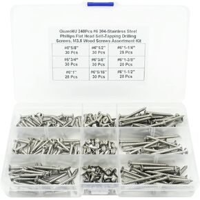 240 قطعة #6 × 5/16 بوصة، 3/8 بوصة، 1/2 بوصة، 5/8 بوصة، 3/4 بوصة، 1 بوصة، 1-1/4 بوصة، 1-3/8 بوصة، 1-1/ مسامير حفر ذاتية التنصت برأس مسطح/غاطس من الفولاذ المقاوم للصدأ 304 مقاس 2 بوصة، مجموعة متنوعة من مسامير الخشب M3.5 in Kuwait