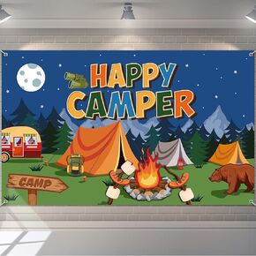 Camping Backdrop Camping Themed Party Decorations Happy Camper Banner Party Supplies Camping Photo Background Wall Hanging Decorations for Boys Kids Teenagers Baby Shower, 70.8 x 43.3 Inch