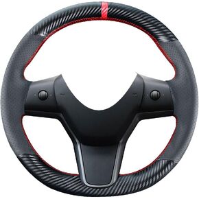 DIY Stitching Carbon Fiber Steering Wheel Cover for Tesla Model 3 Sedan 2017 2018 2019 2020 2021 / Model Y SUV 2020 2021 15 inches Leather Interior Accessories