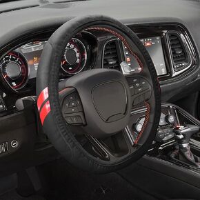 for Dodge Charger Durango Challenger Journey Car Steering Wheel Cover, Leather Wheel Covers Breathable Anti-Slip Dodge Steering Wheel Accessories Retractable Compatible 14-15 Inch（Red Trim）