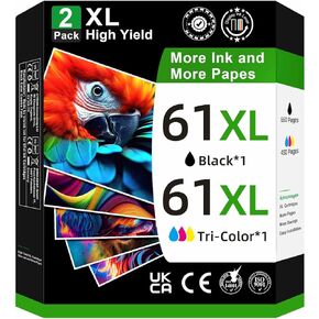 61XL Ink Cartridges Black and Color Compatible for HP 61 Ink Cartridge Combo Pack Compatible for HP 61 Ink Fit for Envy 4500 5530 4502 OfficeJet 4630 4610 2620 DeskJet 1000 2540 Printer