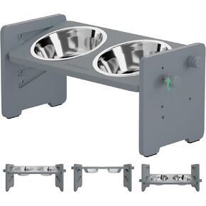 Elevated Dog Food and Water Bowls for Small Size Dogs and Cats - Adjustable Raised Dog Bowl with Stand, Durable Bamboo Dog Feeder with 2 Stainless Steel Bowls and Non-Slip Feets, Brown