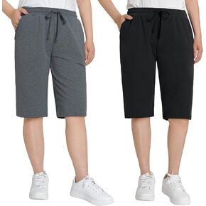 Weintee Women's 12" Cotton Long Bermuda Shorts Knee Length 2 Pack