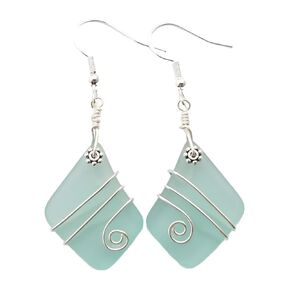 Yinahawaii Handmade Hawaiian Sea Glass Earrings, Wire Wrapped Earrings, Diamond Shape Beach Glass Birthday Jewelry Gift For Women with Customization Order (Aquamarine - March)
