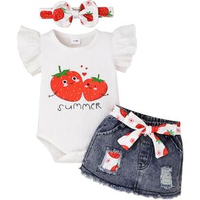 Baby Girl Clothes Newborn Infant Fruit Romper Ruffle Short Sleeve Jeans Skirt with Headband Outfits Set 0-18 Months