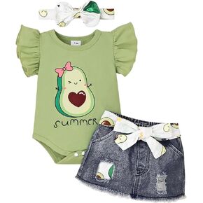 Baby Girl Clothes Newborn Infant Fruit Romper Ruffle Short Sleeve Jeans Skirt with Headband Outfits Set 0-18 Months