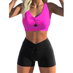 Women Two Piece Bikini Set Swimsuit Swimwear Tie Knot Front Top High Waist Boyshort Bottom