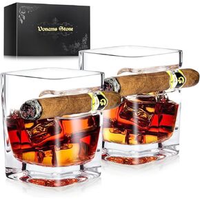 Cigar Whiskey Glasses Set of 2-12oz Old Fashioned Glass With Side Mounted Holder Rest - Crystal Wine Cup for Cocktails, Scotch, Bourbon, Gifts for Men in Saudi Arabia
